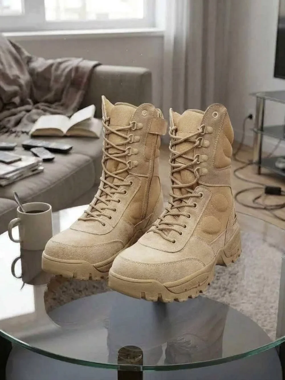 Tactical Military Combat Boots Sand Beige Leather Hiking Trail Desert Army Boot